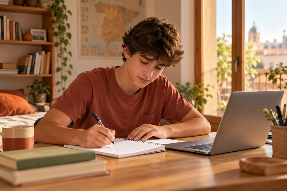 mundoDELE Spanisch, Reisen & Kultur 5 Schüler beim Lernen mit Notizbuch und Laptop