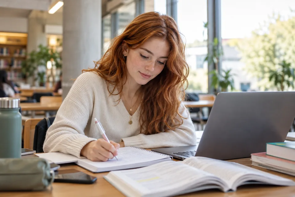 Rothaarige Studentin beim Lernen mit Laptop und Studienunterlagen