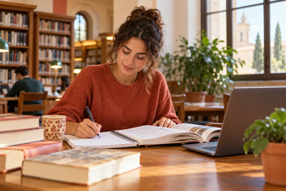 mundoDELE Spanisch, Reisen & Kultur 6 Studentin beim Lernen in einer Bibliothek